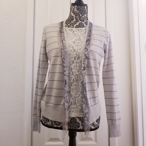 Ann Taylor Loft Sequin & Striped Open Cardigan - Picture 2 of 10